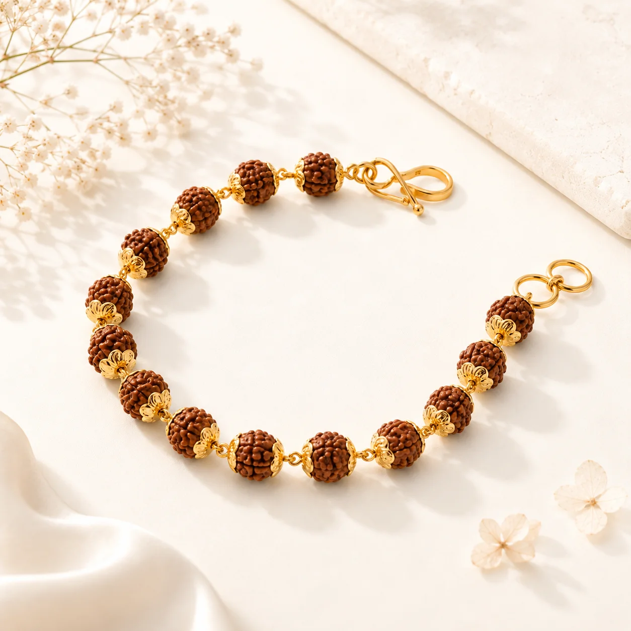 Pushp 22K Gold Rudraksha Bracelet – Floral Caps – view 2