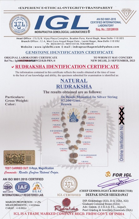 IGL certificate for 16 Rudraksha beads mounted in a silver string