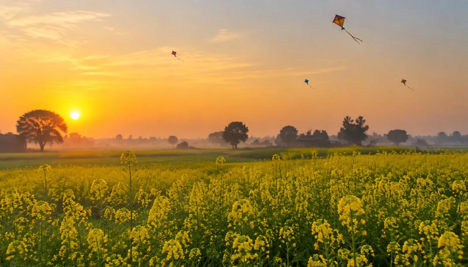 Yellow mustard fields in bloom — the season that gives Vasant Panchami its colour.