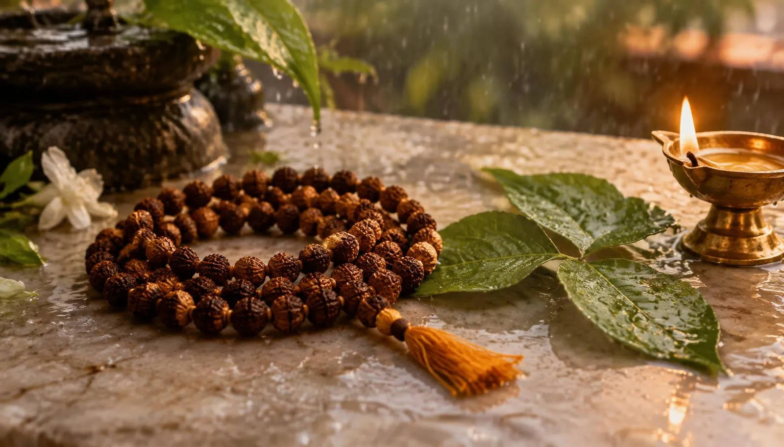 A 108-bead Rudraksha japa mala with bel leaves and a diya, ready for Sawan Monday japa.