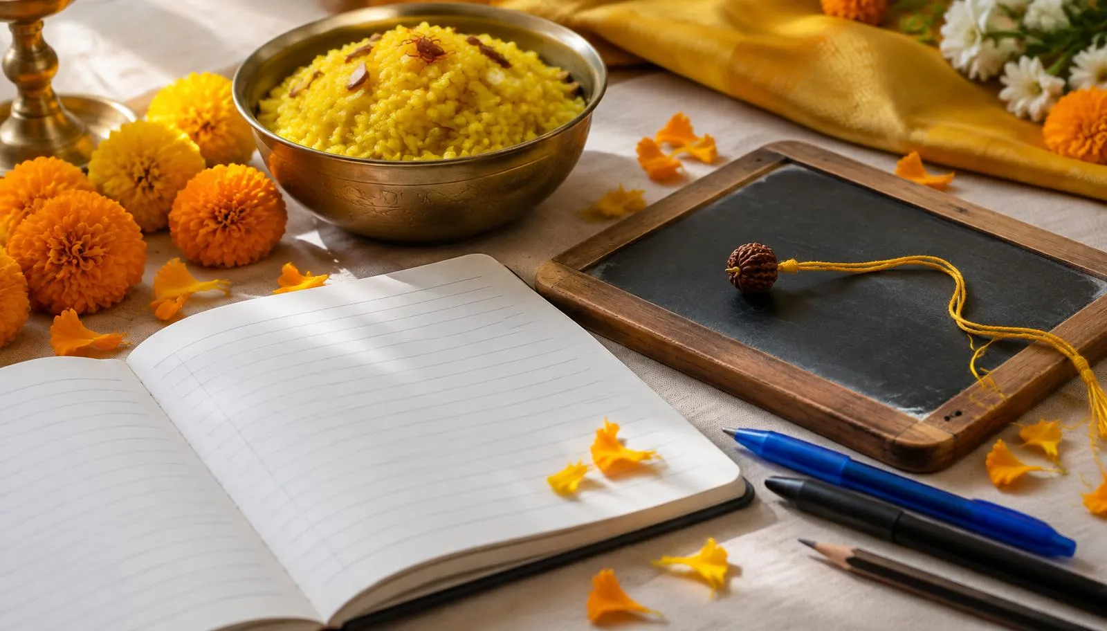 A single Rudraksha on yellow thread beside a notebook and slate — a traditional Vasant Panchami gift for students.