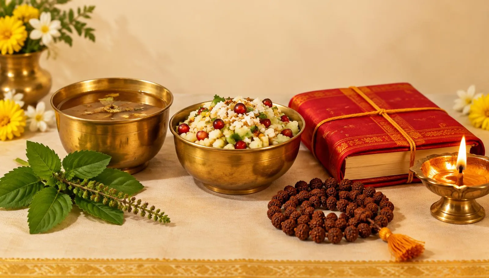 Panakam, kosambari, tulsi, a Rudraksha mala and the Ramcharitmanas — a simple home setup for Ram Navami.