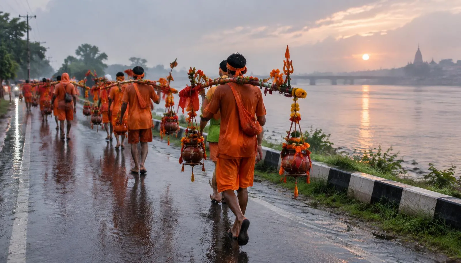 Kanwar Yatra pilgrims carry Ganga jal on foot to offer at Shiva temples during Sawan.