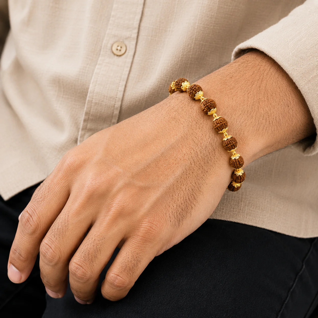 Pushp 22K Gold Rudraksha Bracelet – Floral Caps – view 3