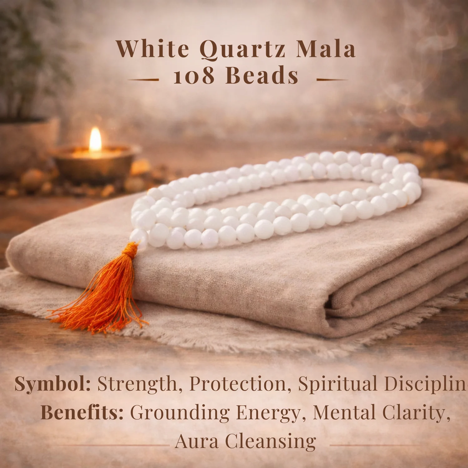 White Quartz Mala 108 Beads for Love, Healing & Emotional Balance