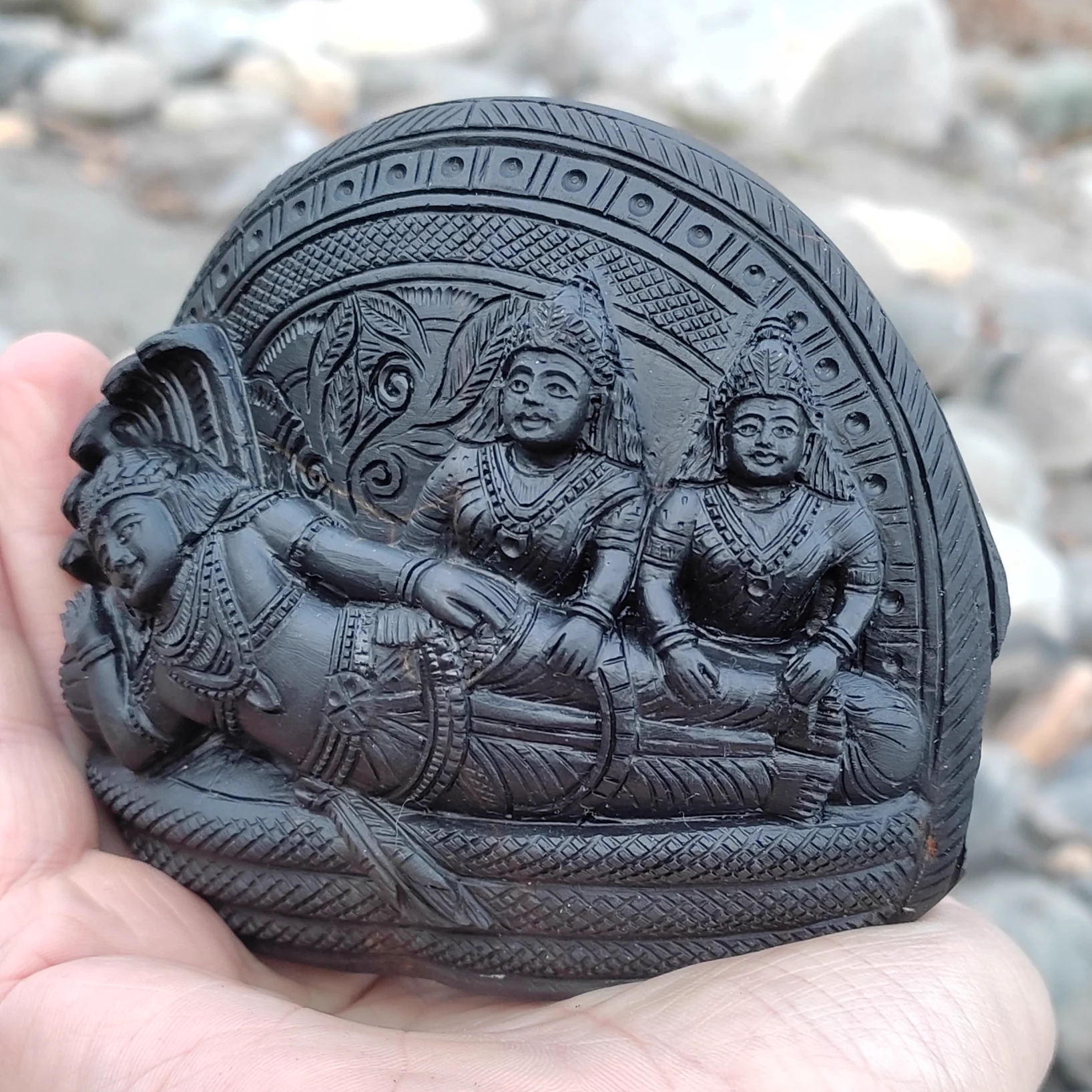 Maha Vishnu with Sridevi and Bhudevi Shaligram Murti — view 2