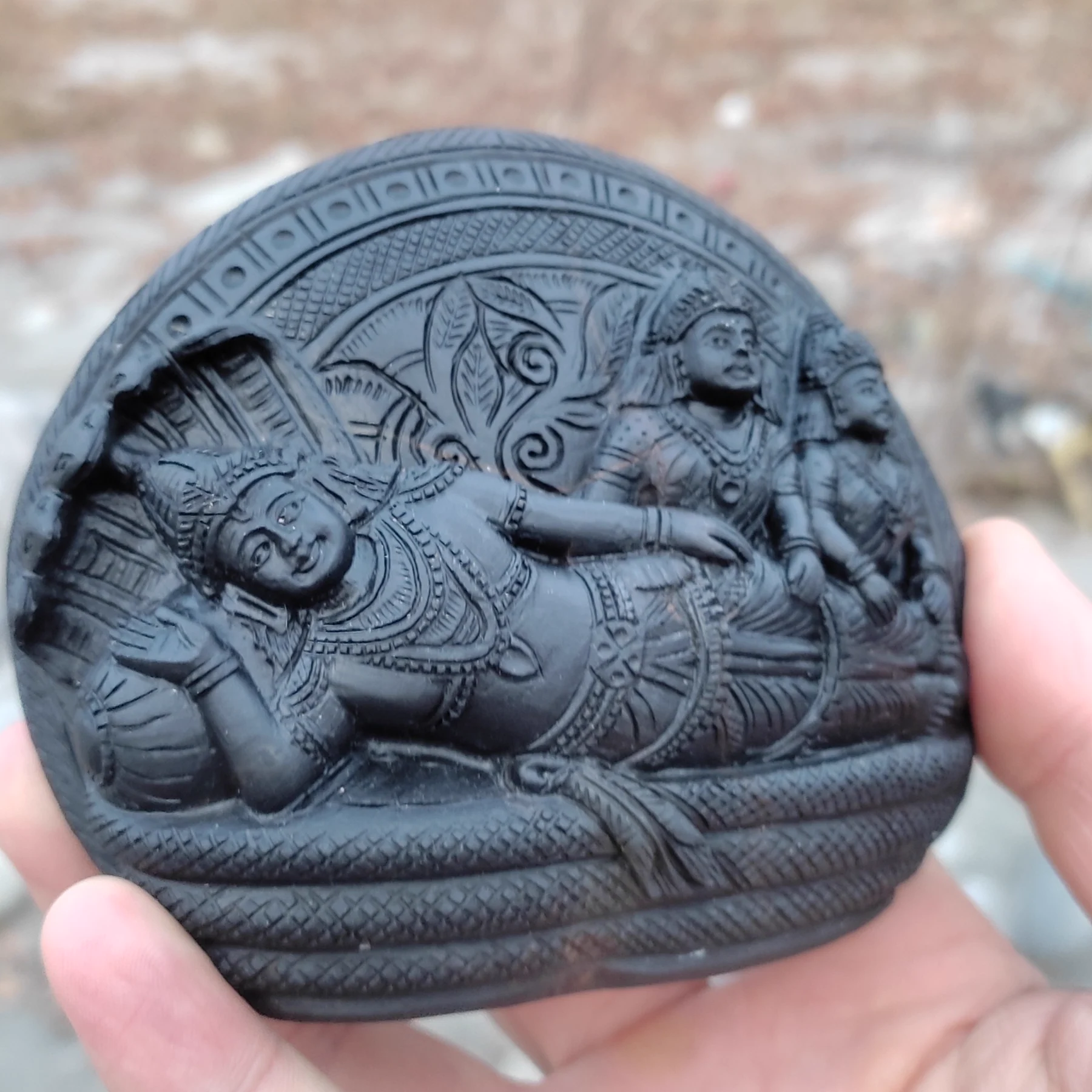 Maha Vishnu with Sridevi and Bhudevi Shaligram Murti — view 3