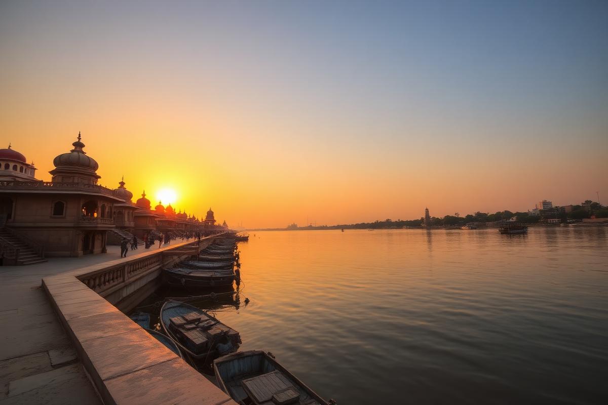 Sabarmati riverfront and heritage architecture in Ahmedabad at sunset