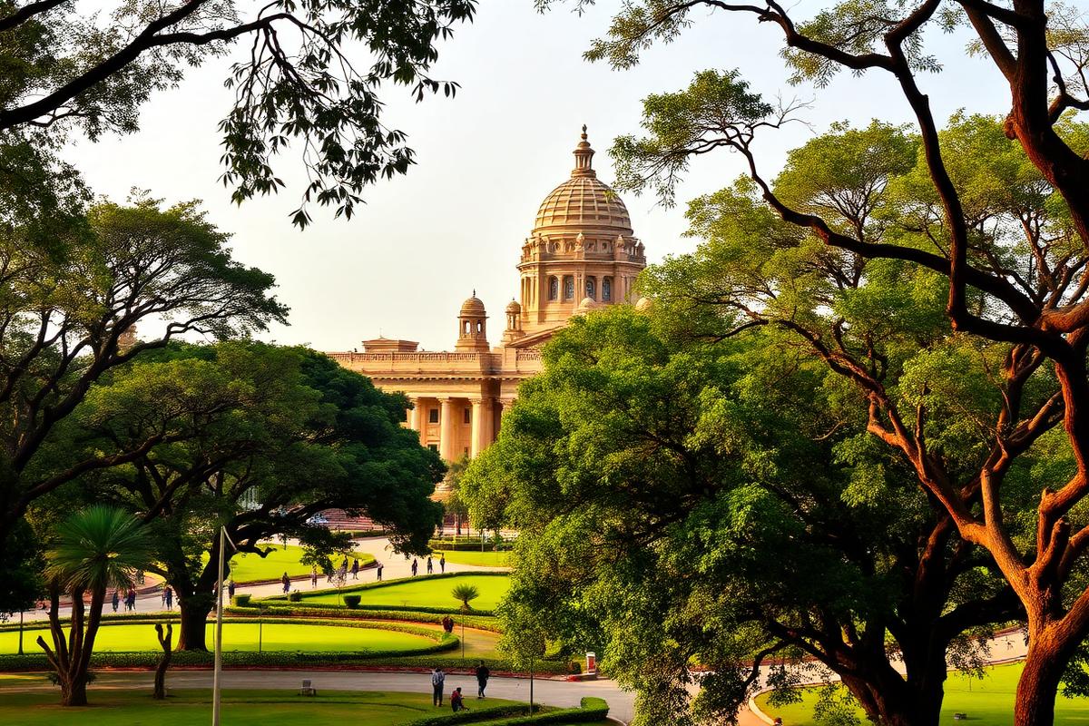 Vidhana Soudha and green tree canopy in Bengaluru