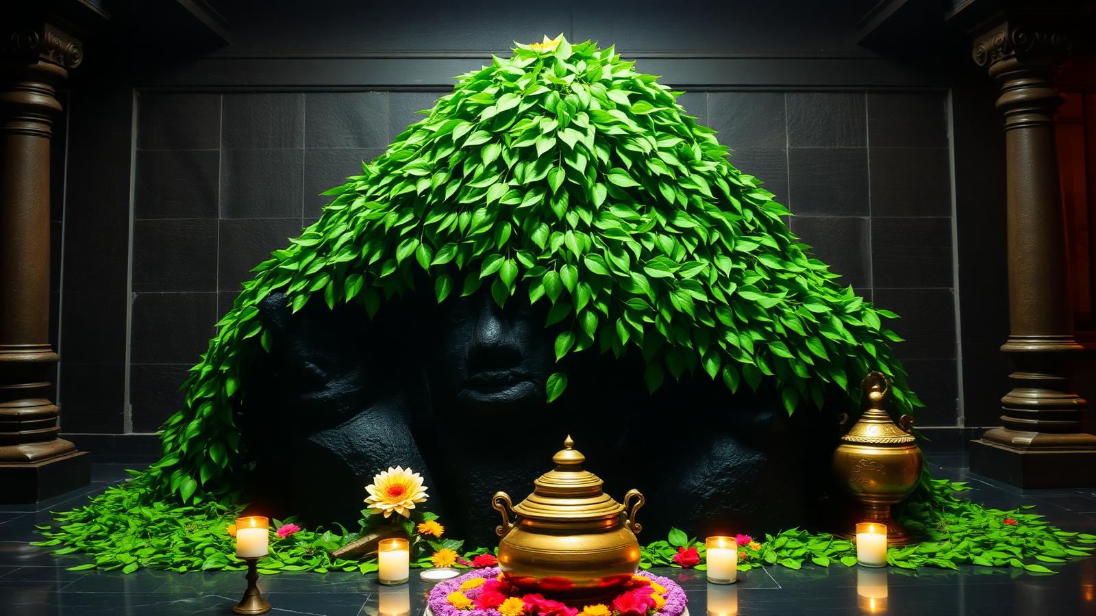 A Shiva Lingam covered in fresh Bilva Patra during Archana