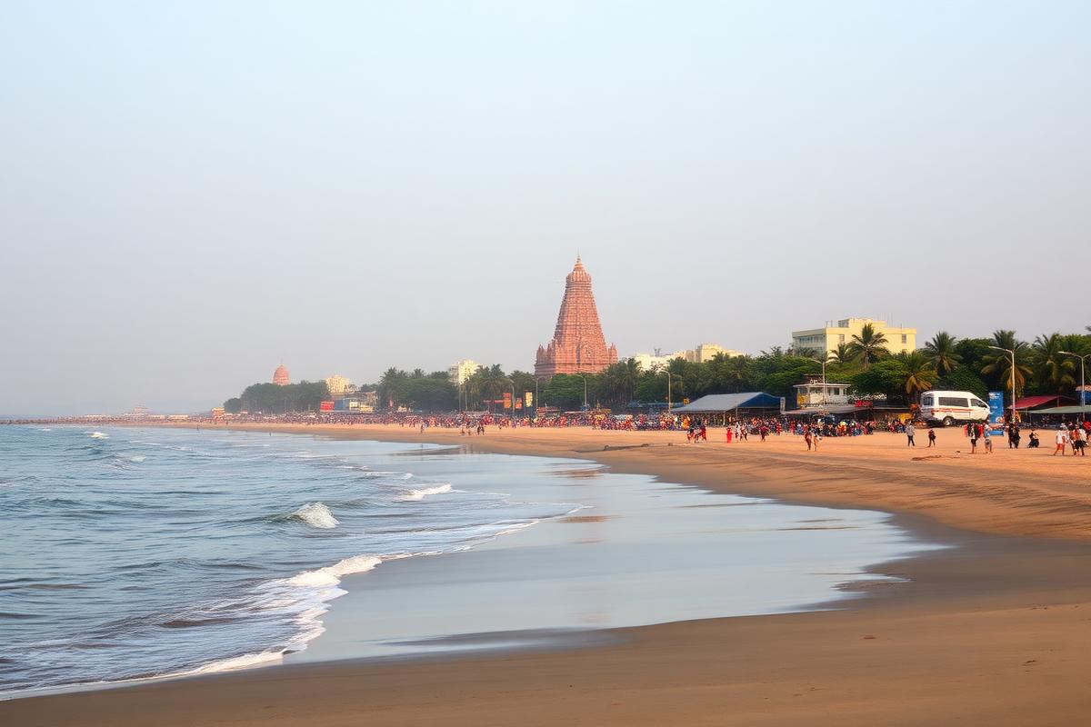 Marina Beach coastline with a temple gopuram in the Chennai skyline
