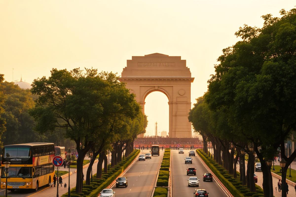India Gate and the tree-lined central boulevard in Delhi