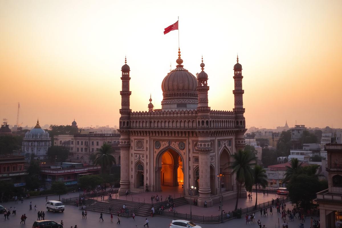 Charminar monument in the old city of Hyderabad at dusk