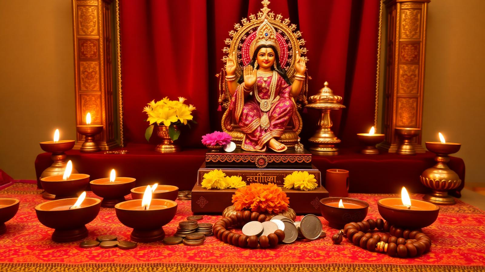 Diwali Lakshmi Puja altar with diyas, coins and a Rudraksha mala