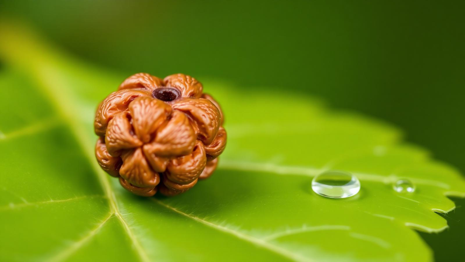 A textured 6 Mukhi Nepali Rudraksha resting on a fresh Bilva leaf