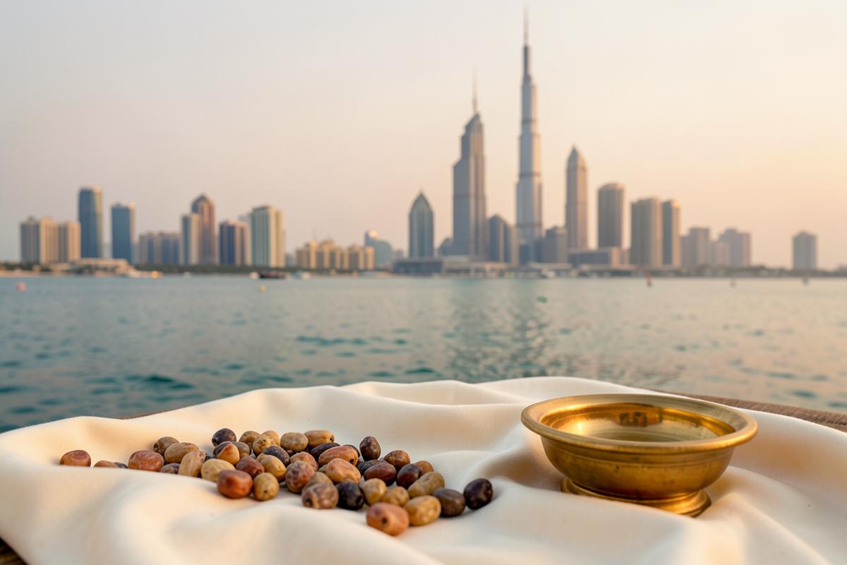 Abu Dhabi waterfront at dusk with natural Rudraksha beads and a brass vessel on ivory cloth