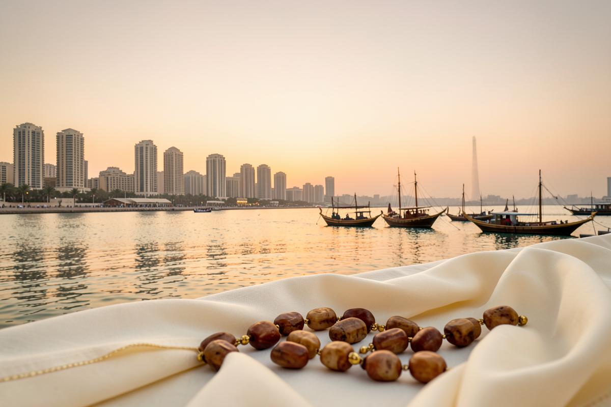 Ajman corniche at sunset with dhow boats and a Rudraksha mala on ivory cloth