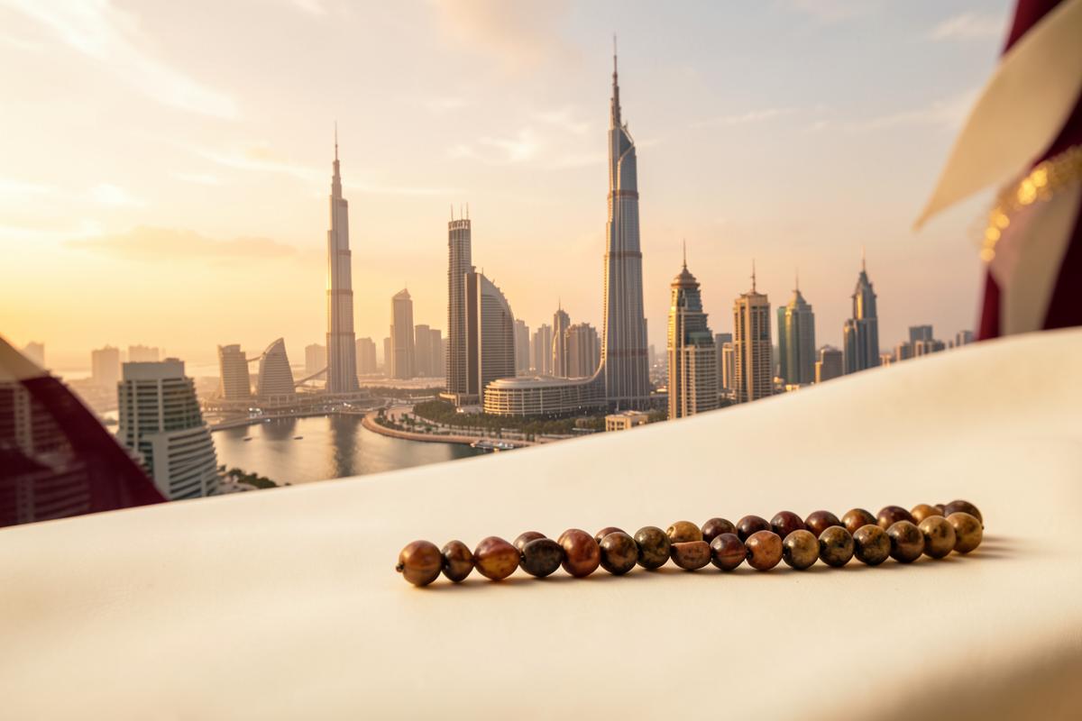 Dubai skyline at golden hour with a strand of natural Rudraksha beads in the foreground