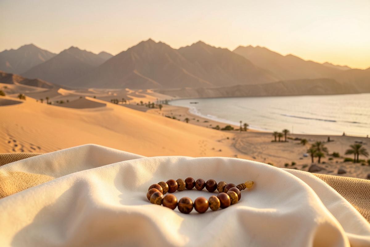 Ras Al Khaimah desert mountains at golden hour with a Rudraksha bracelet on ivory cloth