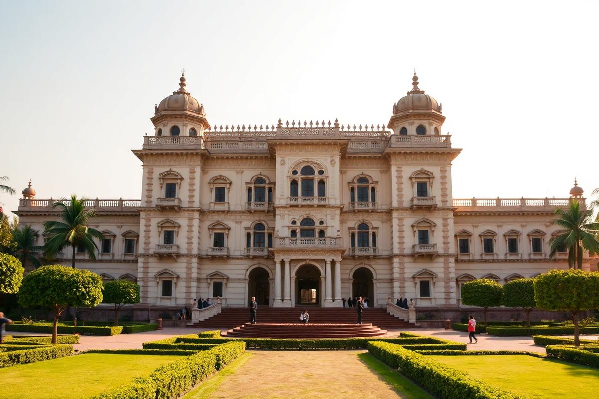 Laxmi Vilas Palace facade and gardens in Vadodara